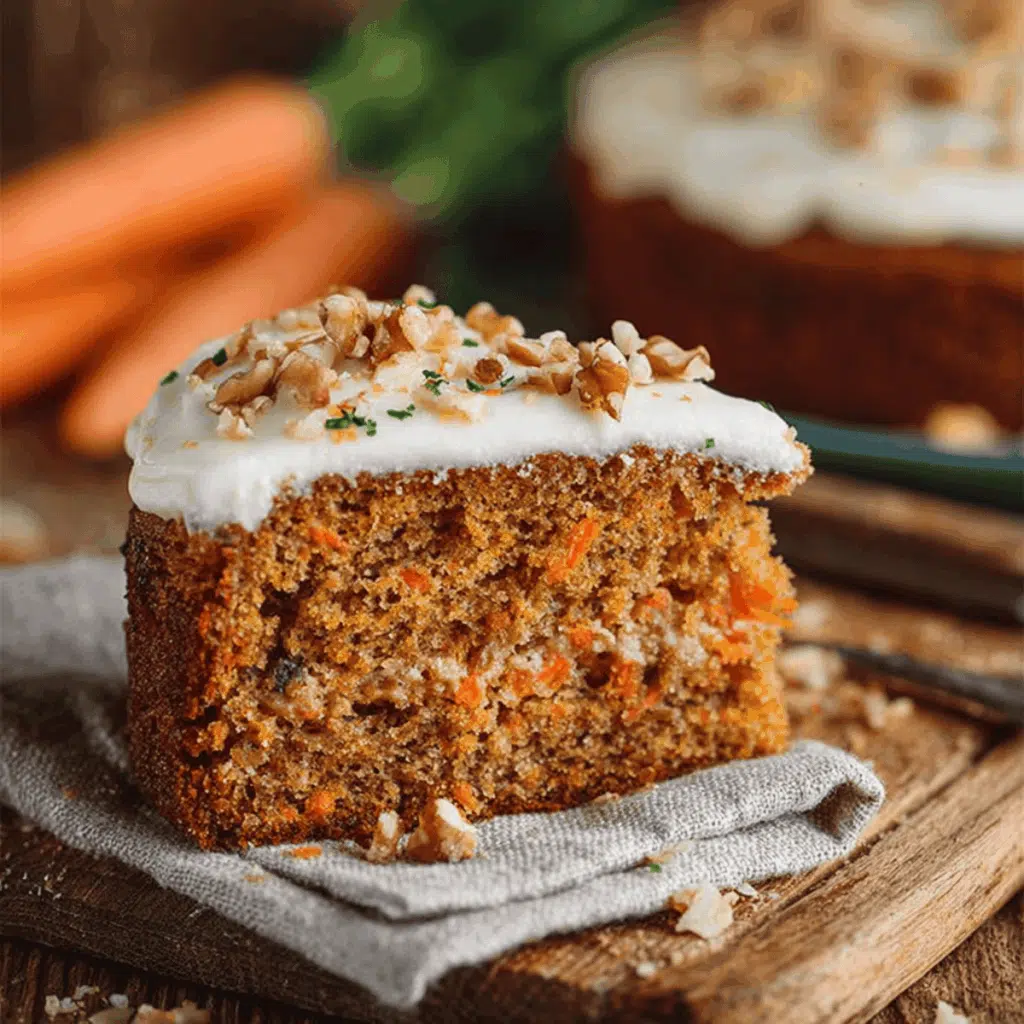 Nahaufnahme von frisch gebackenem Karottenkuchen auf rustikalem Holzbrett.