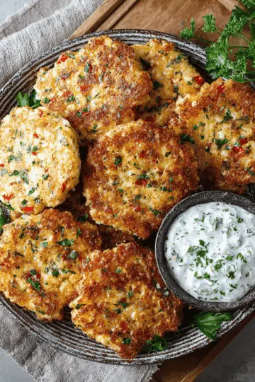 Goldbraune proteinreiche Hüttenkäsetaler als Meal-Prep-Idee auf Holztisch fotografiert