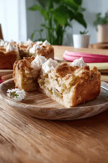 Frühlingshafter Rhabarberkuchen mit Mürbeteig, angerichtet auf weißem Teller mit Vanillesauce